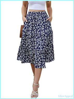 Lyrur Floral Midi Skirt High Waist Elastic Ruffle Boho Aline with Pockets